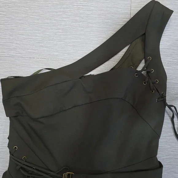 L.A.M.B. Gwen Stefani One Shoulder Mini Dress Military Olive Silk Lined Sz 10 - Picture 5 of 13